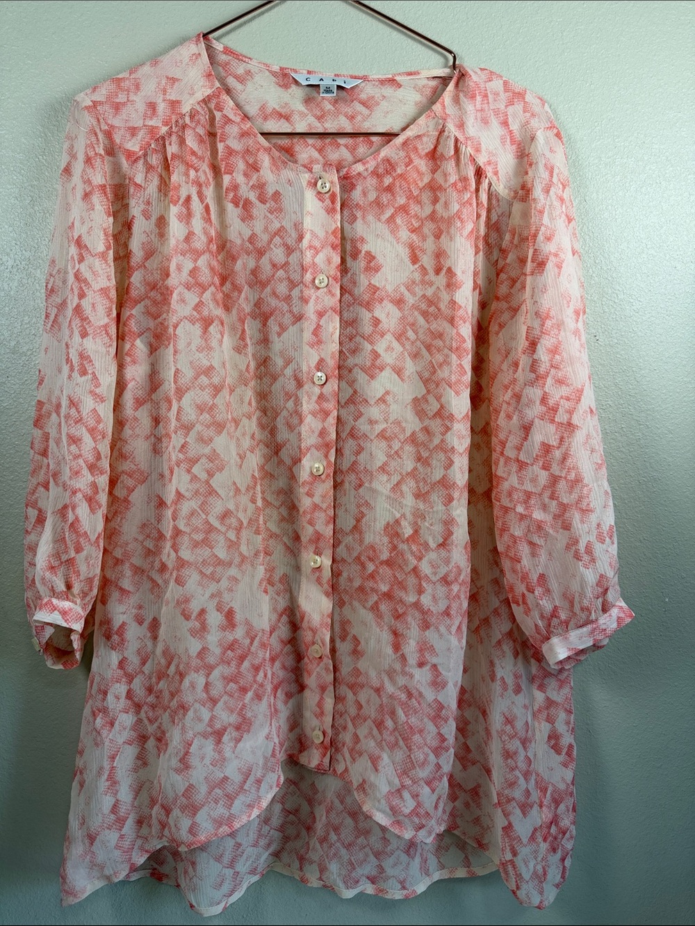 CAbi Women’s Silk Coral-Pink Patterned Button-Front Blouse